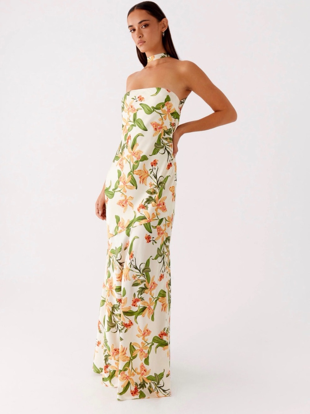 NWT Peppermayo Cream Strapless Floral Maxi Dress with Neck Scarf Open Back Size4 - Picture 1 of 4
